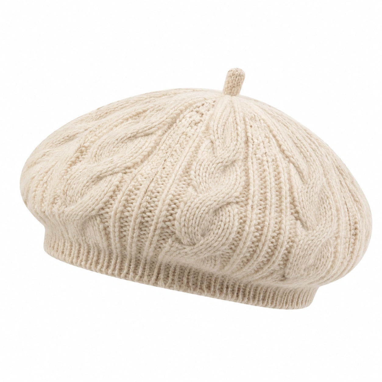 Baskenmütze Einheitsgröße aus Strickmaterial in Creme mit Zopfmuster