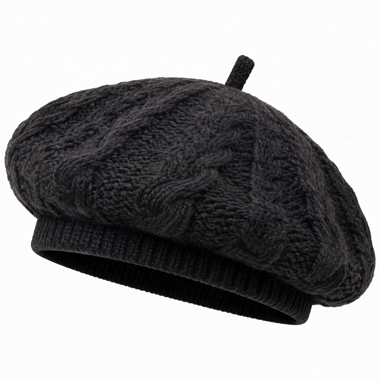 Strickbaskenmütze Einheitsgröße Schwarz mit Zopfmuster für Damen