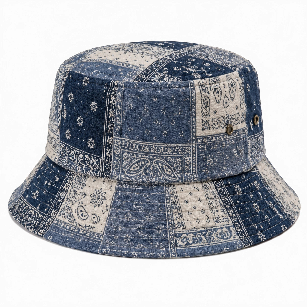 Anglerhut Einheitsgröße aus Stoff in Blau Creme mit Paisley Muster und Druckknopfverstellung