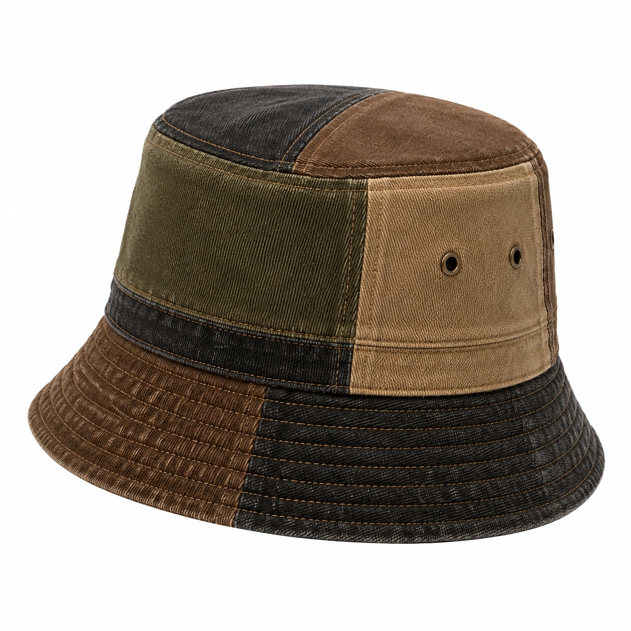 Anglerhut Einheitsgröße aus Baumwollstoff in Schwarz Braun Khaki mit Patchwork-Design