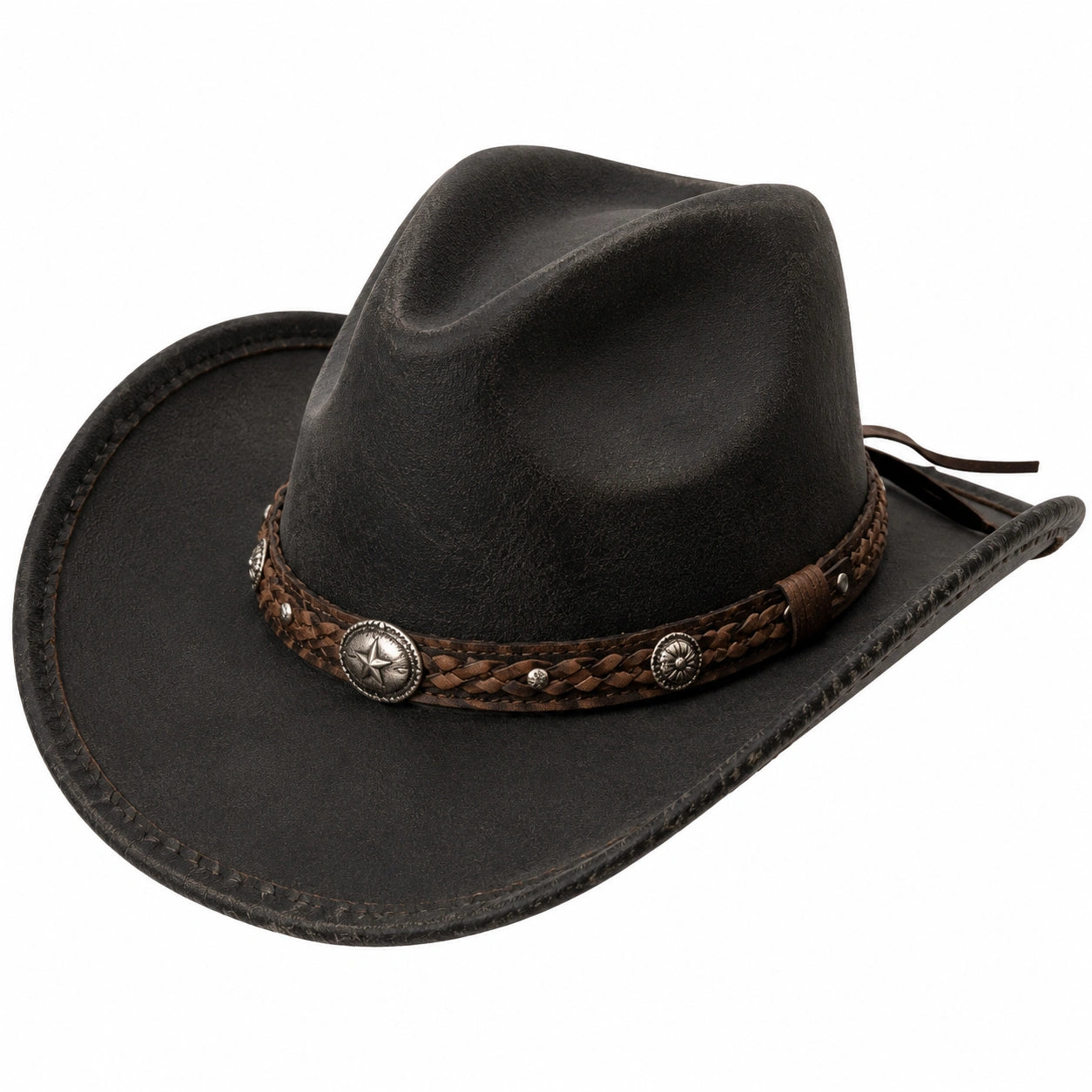 Cowboyhut Einheitsgröße Schwarz in Lederoptik mit geflochtenem Hutband