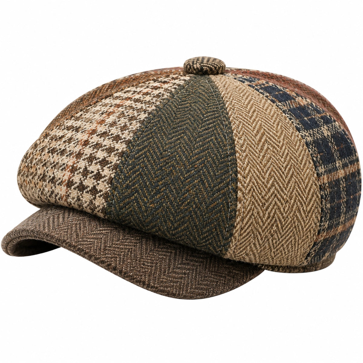 Schiebermütze Einheitsgröße aus Textil in Braun Beige Blau - Patchwork Schirmmütze im klassischen Stil