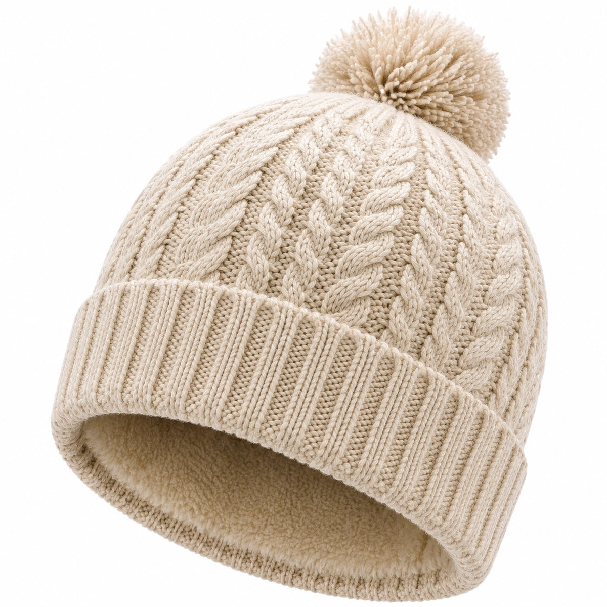 Strickmütze Einheitsgröße in Creme mit Bommel und Fleecefutter