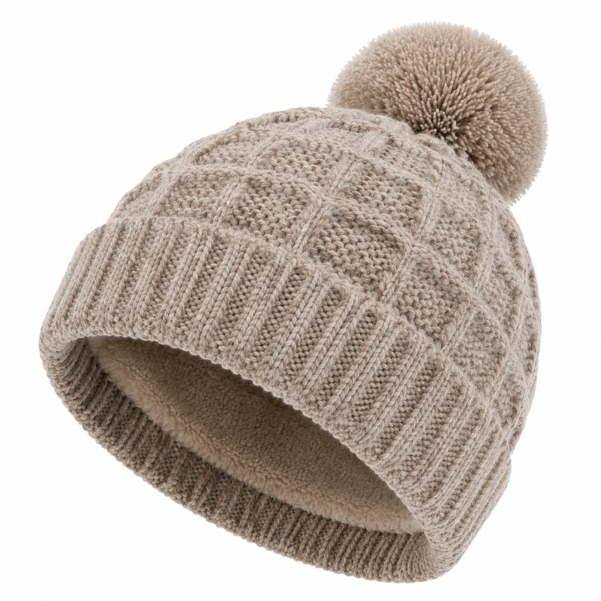 Strickmütze Einheitsgröße Beige mit Fleecefutter und Bommel für den Winter