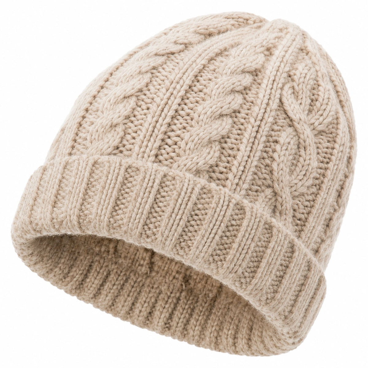 Strickmütze Einheitsgröße Beige mit Umschlag für Damen und Herren
