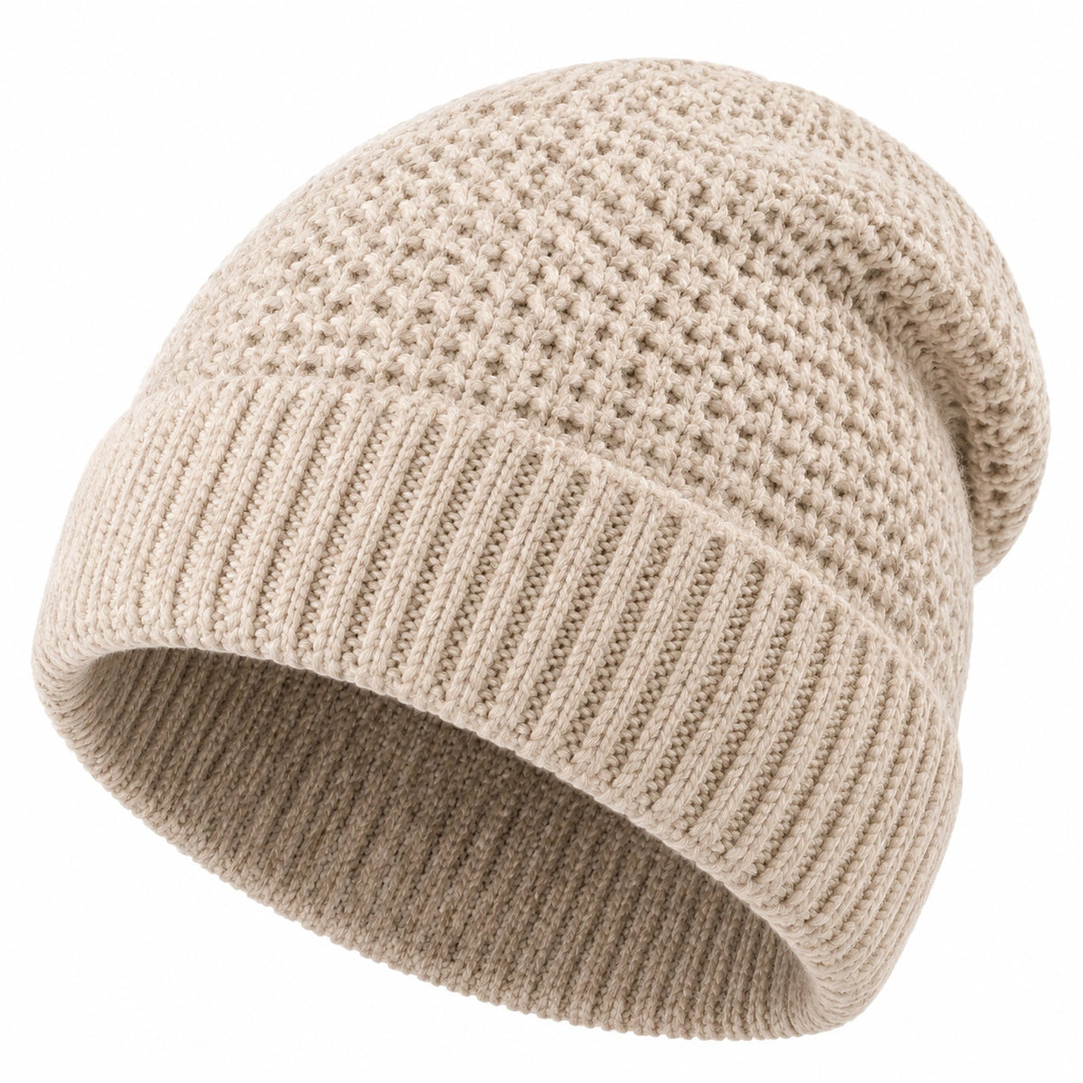 Strickmütze Einheitsgröße Beige mit Umschlag für Damen und Herren