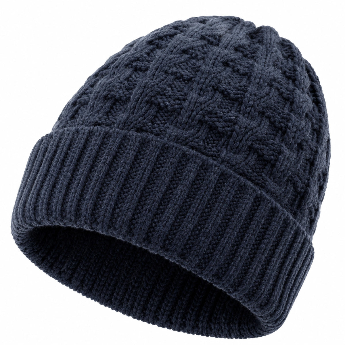Strickmütze Einheitsgröße dunkelblau mit Zopfmuster und Umschlag