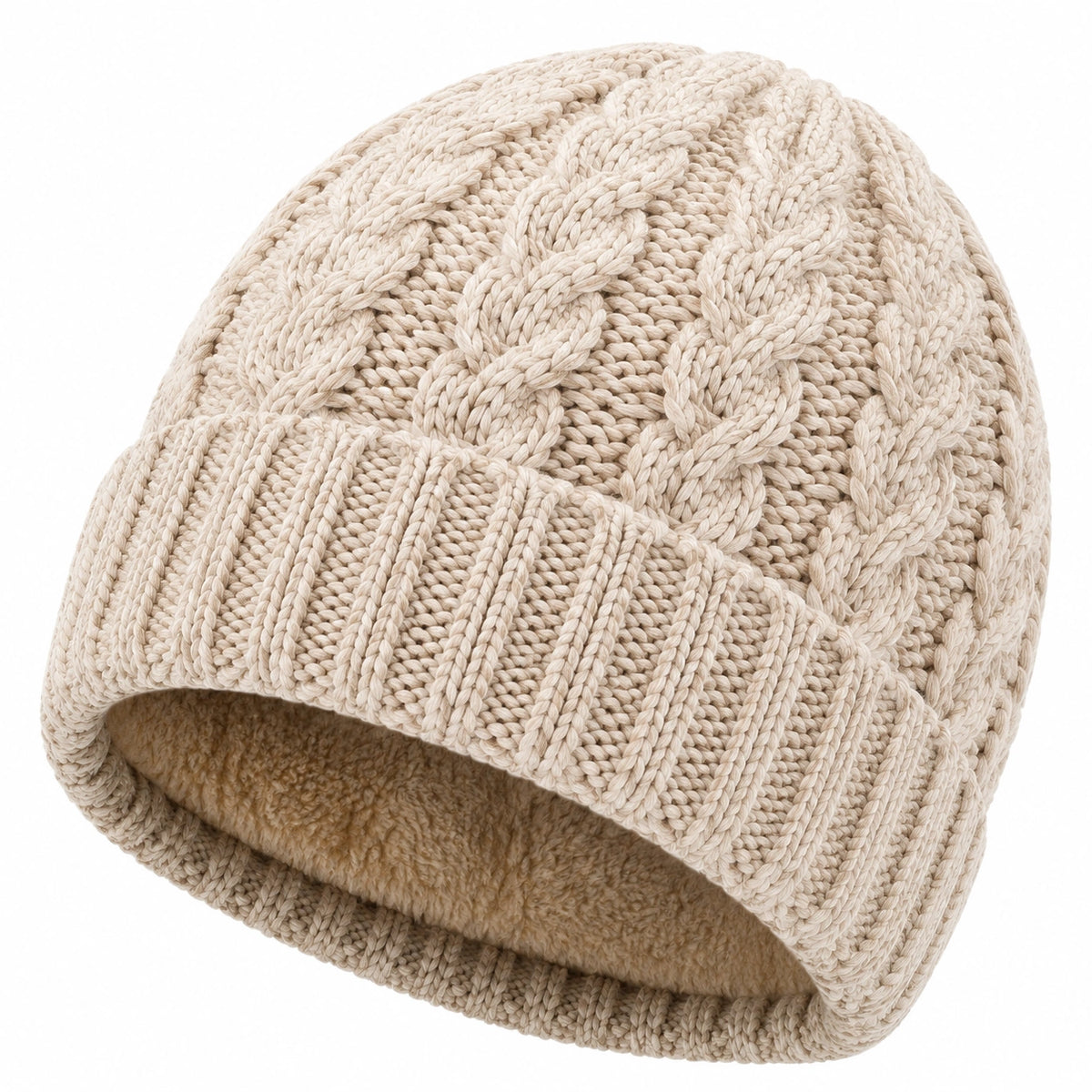 Strickmütze Einheitsgröße Creme mit Zopfmuster und Fleecefutter